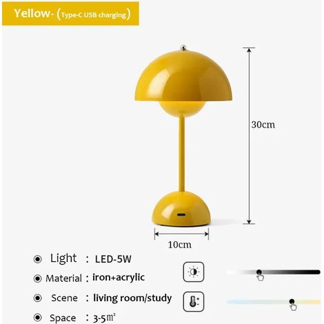 (Jaune) Lampe de bureau rechargeable USB en forme de champignon, trois niveaux de luminosité, veilleuse décorative pour la maison.