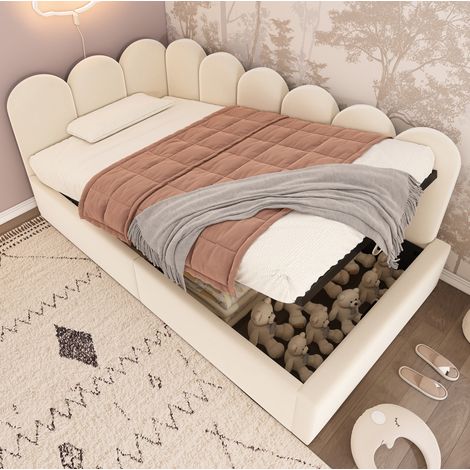 Lit banquette en velours beige 90x190 cm avec rangement hydraulique et sommier à lattes métalliques (1/5)
