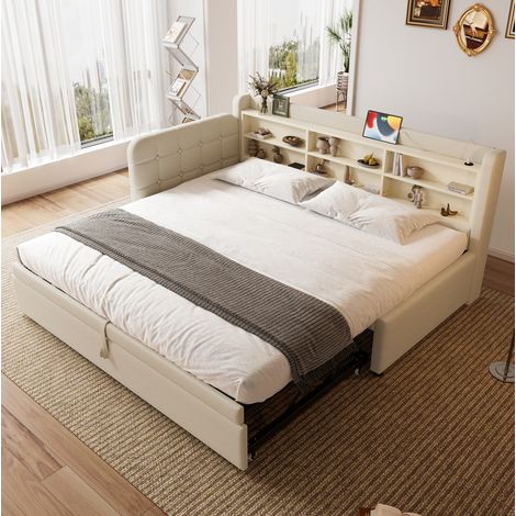 Tagesbett Leinen Beige 90x200 cm, ausziehbar mit USB/Typ-C, Ablagefächern und Lattenrost (1/5)
