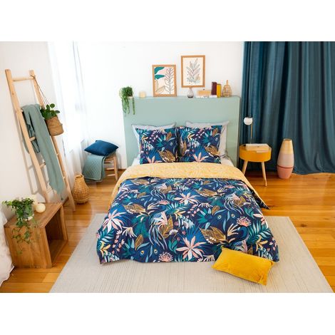 CÔTE DECO Parure de lit avec Housse de Couette 140x200cm + 1 taie d'oreiller 63x63cm Motif Feuilles Tropicales 100% Coton adouci (1/4)