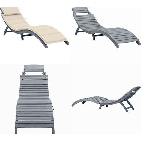 Chaise longue avec coussin Gris Bois d'acacia solide - Chaise Longue - Transats - Mobilier De Jardin - Salon De Jardin - Chaises Longues Pliables - Home & Living (1/5)