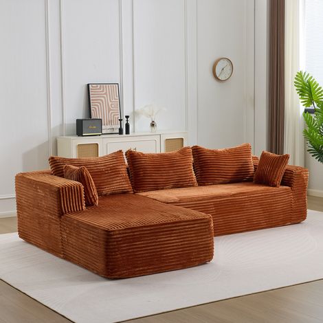 Canapé d'angle modulable avec méridienne confortable, canapé-lit minimaliste en L sans structure, assise profonde, en velours côtelé marron, idéal pour salon, chambre ou appartement