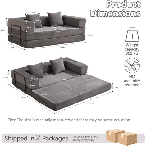 Canapé de sol convertible, canapé compressif, avec coussins de dossier et accoudoirs, canapé-lit futon confortable, tissu velours côtelé, pour salon et chambre, gris foncé (1/5)