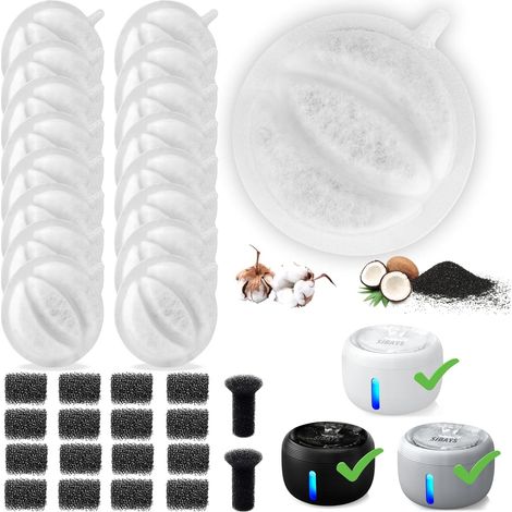 Filtre de Fontaine pour Chat, Filtre de Fontaine pour Animaux de Compagnie 3L ou 2,5L, Charbon Actif de Qualité Alimentaire et Coton PP, 16 Filtres +16 Pompe éponge + 2 éponge de Silencieux (1/5)