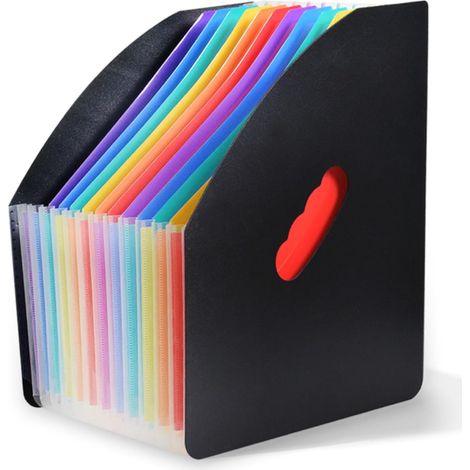 Aufrechter, erweiterbarer A4-Schreibtisch-Ablage- und Buchorganizer mit 13 Fächern in Regenbogenfarben und Griff. (1/5)