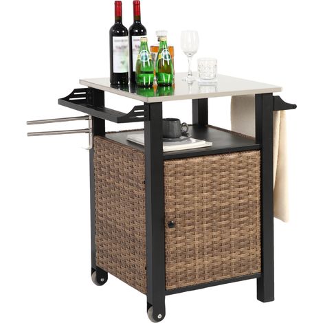 Chariot bar porte coulissante – Îlot extérieur en rotin, plan inox, roulettes – Pour cuisine patio, brun (1/4)
