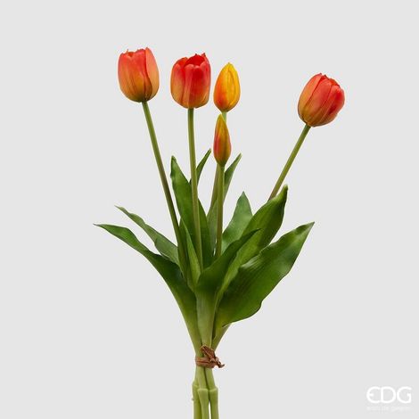 EDG Enzo De Gasperi Bouquet di 5 Tulipani Chiusi Gomma Olis H 40 Cm Arancione (1/4)