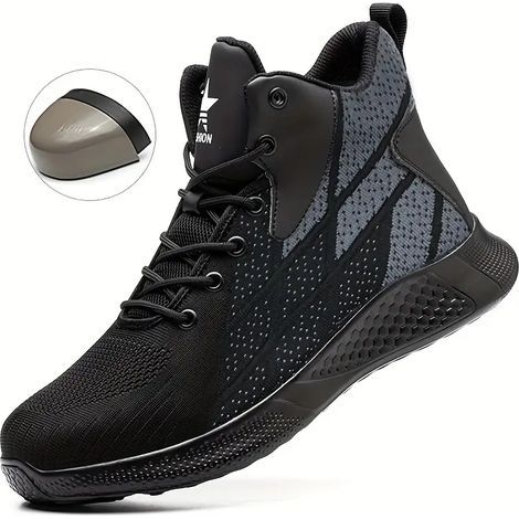 Chaussures de travail de sécurité à bout en acier pour hommes et femmes - Baskets industrielles montantes légères et respirantes anti-perforation,Black-44 (1/5)