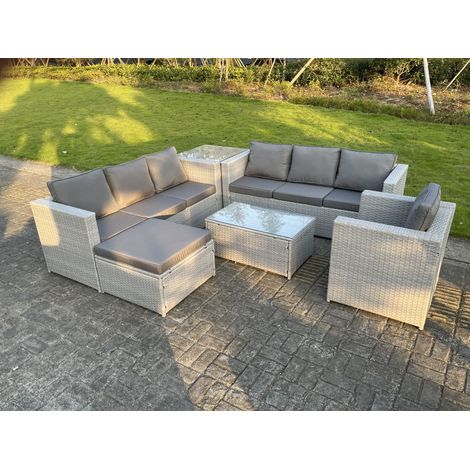 Fimous Rattan Gartenmöbel Set mit 3-Sitzer Sofa Sessel Beistelltisch Couchtisch Fußhocker Helles Grau (1/5)