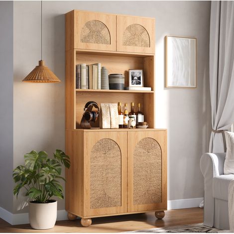 Buffet haut 80 x 40 x 180 cm avec portes en cannage, 3 zones de rangement, bois naturel (1/5)