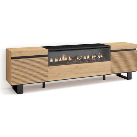 Skraut Home – Meuble TV avec rangement pour TV jusqu'à 80" – Dimensions 200x35x57cm – Design industriel en chêne – Cheminée électrique intégrée (1/5)
