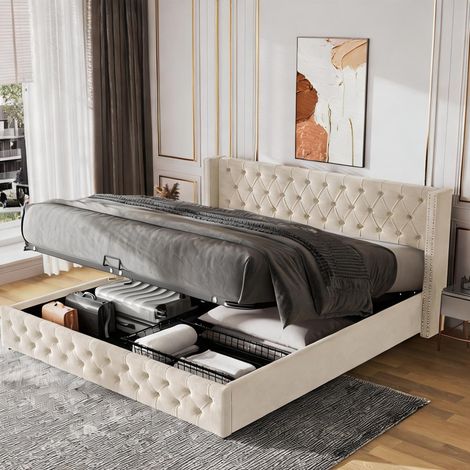 Cadre de lit beige en velours 78,3 x 55,9 x 37,2 cm (1/5)