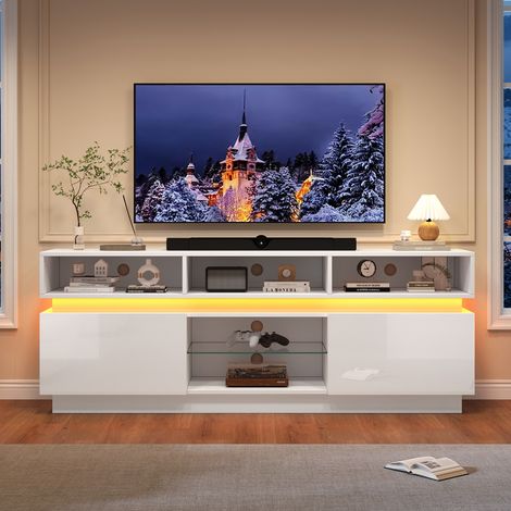 Meuble TV LED blanc 160 x 35 x 60 cm en MDF avec verre trempé, pour TV 60 pouces, REDOM (1/5)