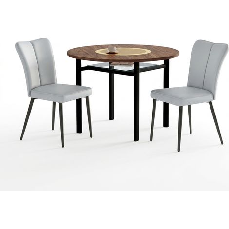 Ensemble table ronde avec 2 chaises gris clair, table à manger ronde diamètre 100 cm, plateau effet bois et verre brun (1/5)