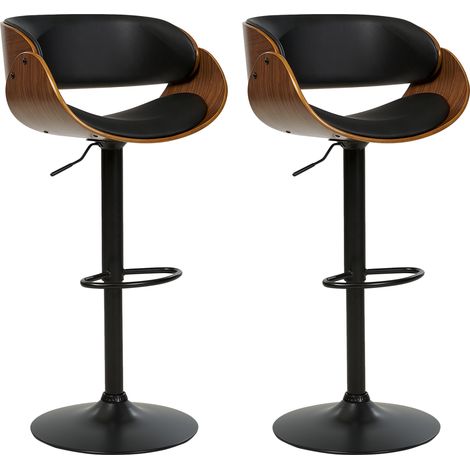 Conjunto de 2 sillas de bar giratorias de piel sintética reposapiés respaldo ajustable negro madera oscura Baku II