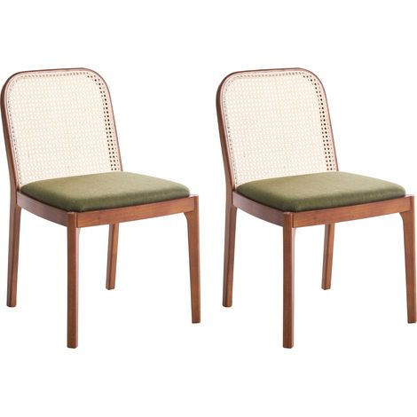 Conjunto de 2 sillas de comedor trenza vienesa respaldo de ratán asiento de poliéster estructura de madera de caucho sin reposabrazos marrón y verde Edina