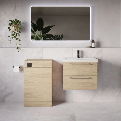 Napoli 390 Light Oak 1100mm Wall Mounted 2 Drawer Vanity Unit and Toilet Suite with Glide Basin - 1100mm - Matt Black 320mm HandleWithout Kingston Toilet Pan
