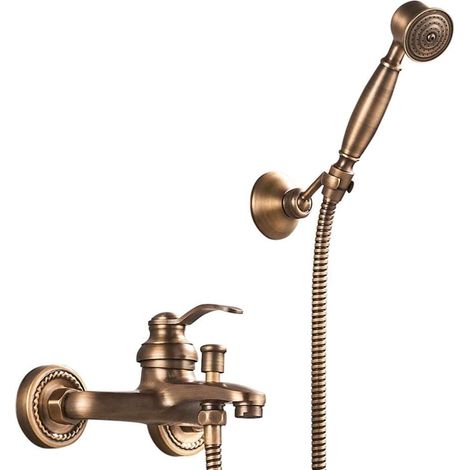 Bathtub and Shower Faucet with Handshower Retro Brass Bath Faucet 2 Holes 2 Handles, Wall Mount Shower Mixer (1/5)