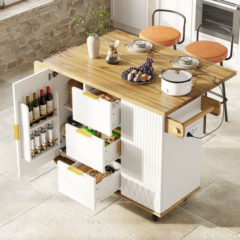 Chariot cuisine blanc bois 134x46/74x88cm roulettes plan rabattable prise elec charge max 70kg îlot mobile pour cuisine (1/5)