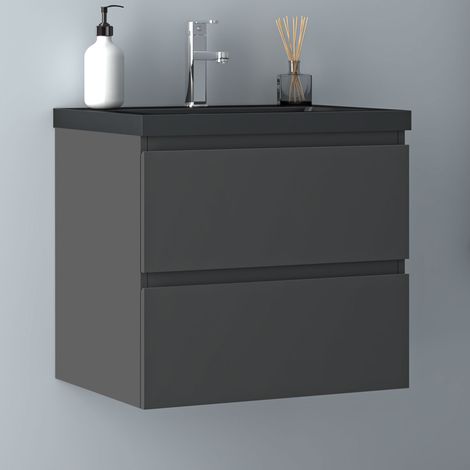 60 cm Badmöbel Set Unterschrank 2 Schubladen Anthrazit Matt soft close Badezimmer Badezimmermöbel Selbstmontierter Unterschrank mit Schwarz Mineralguss waschtisch