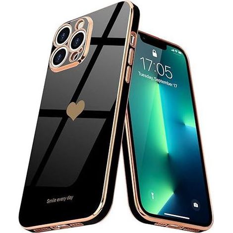 Schwarze iPhone 13 Pro Hülle, schlanke Silikonhülle mit Herzmuster, verzinkt und vergoldet, stoß- und kratzfest, schlanker und langlebiger Schutz (1/5)