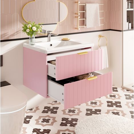 Mobile lavabo sospeso 60,5 cm, 2 cassetti, MDF e ceramica, rosa e bianco DESVIAE (1/5)