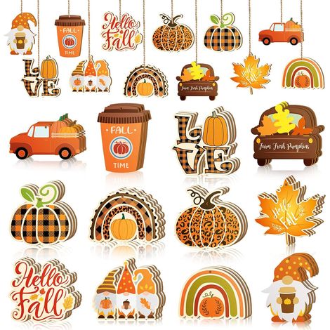 36 décorations en bois pour l'automne et Thanksgiving - Découpes délicates de citrouille, gnome, feuille et camion avec un motif « Hello », pré-enfilées avec des trous de suspension pour les décoratio (1/5)