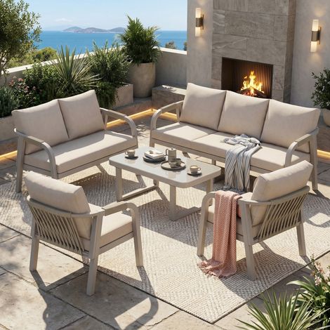 Gartenlounge 7-tlg beige mit 3-Sitzer-Sofa, 2-Sitzer-Sofa, 2 Sesseln und Glascouchtisch