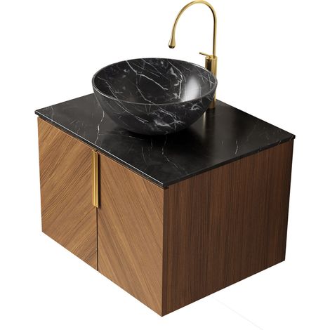 Mueble de baño suspendido 61 cm con lavabo cerámico negro y doble puerta efecto roble (1/5)