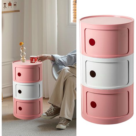 Nachttisch im nordischen Stil, farblich abgestimmt, großer runder Nachttisch fürs Schlafzimmer, Rosa, Milchweiß, Rosa (drei Ebenen) (1/5)