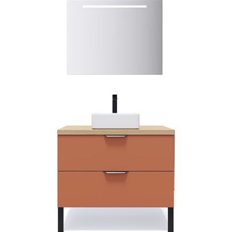 Meuble de salle de bain suspendu vasque à poser 90cm 2 tiroirs Terracotta + miroir - Soho (1/5)