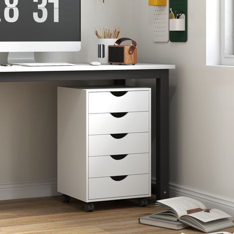 Caisson bureau mobile. meuble rangement sur roulettes avec 5 tiroirs. bois. 40 x 40 x 67 cm. blanc