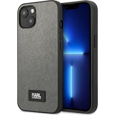 Custodia per iPhone 13 mini con placca in Saffiano color argento di Karl Lagerfeld (1/5)