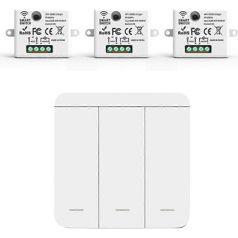 Ensemble de 3 interrupteurs muraux sans fil RF 433 MHz avec récepteur relais et 1 panneau de commande à 3 boutons pour lampes LED. Télécommande incluse. (1/5)