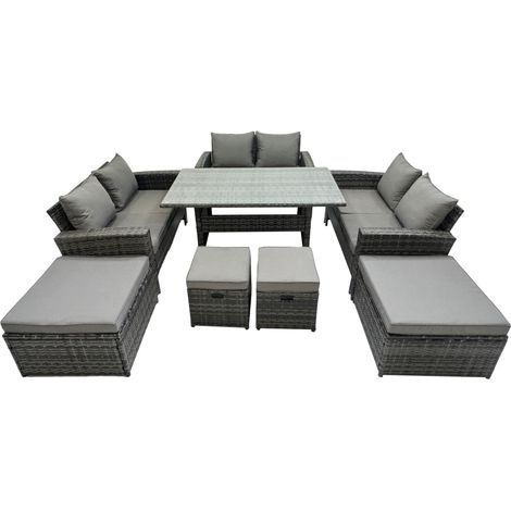 Fimous 10 Seater Wicker PE Rattan Furniture Outdoor Dining Table Double Seat Sofa 4 Stools Set Dark Grey Mixed (1/5)