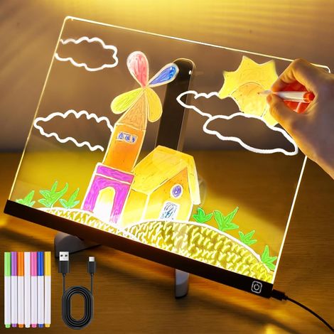 Tableau de notes LED avec couleurs : Tableau de notes en acrylique avec 7 couleurs de stylo, 30x20 cm Tableau lumineux LED pour enfants, Tableau lumineux pour dessiner, Tableau d'annonces avec support (1/5)