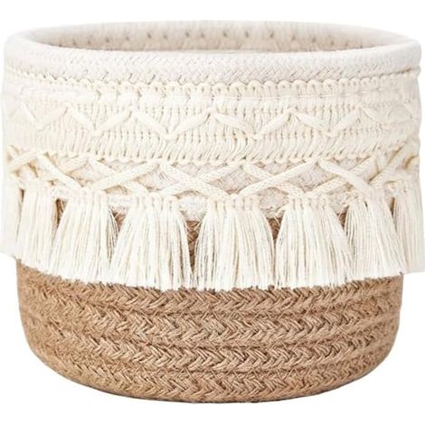 Panier de rangement en corde de coton tissée pour pinceaux de maquillage – Panier de rangement rond tissé avec pompons (café) (1/5)