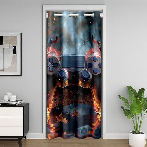 Rideau de Porte Gamer Rideau Occultant 86x203 Modern Fire Game Handle Rideaux Porte Jeux Vidéo Rideaux de Placard pour Décor de Chambre Jeux Noir Orange - 86L X 203H cm (1 Panneaux) (1/5)