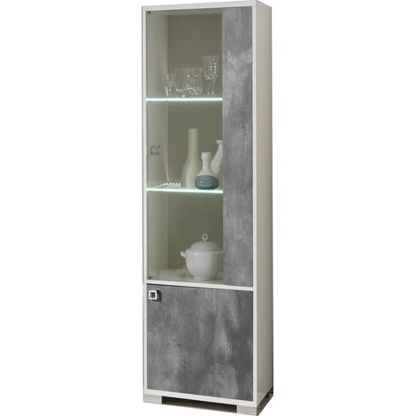 Vitrine moderne 1 porte vitrée à Led gris béton et blanc brillant Sting 60cm (1/5)