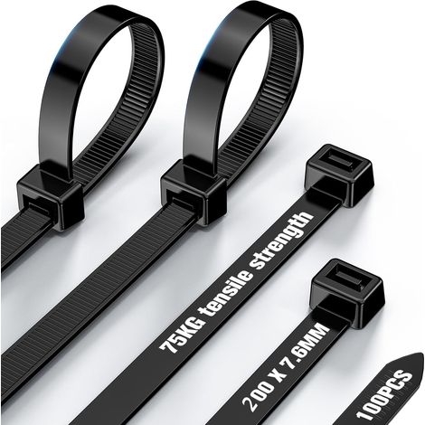 Cable Ties - Black - 75 kg - 100 Spikes - Nylon - Locking Style - 200 mm x 0.8 cm (1/5)