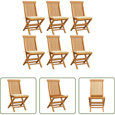 Teakholz - Gartenstühle mit Cremeweißen Kissen 6 Stk. Massivholz Teak (1/5)