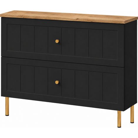 Meuble sous-vasque sur pieds 80 cm, 2 tiroirs, avec plan de travail, Noir / Plan Chêne Craft, poignées dorées, pieds dorés, 80 x 46 x 73,6 cm (1/5)