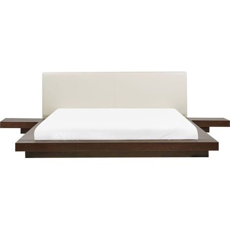 Lit à Eau Moderne Futon Double 180 x 200 cm avec Tables d'Appoint Tête de Lit Similicuir MDF Bois de Frêne Foncé Zen (1/5)