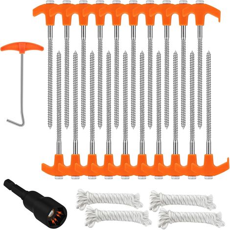 Lot de 20 piquets de tente à visser, robustes, en acier Piquets de tente pivotants avec fil et corde, crochets pivotants pour terrains durs, forêts et prairies (1/5)