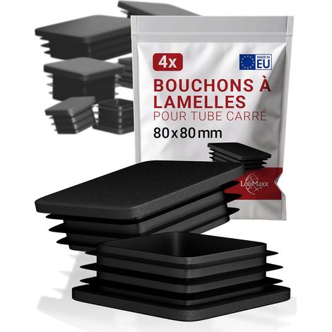 4 Embout, Carré 80x80 mm, Noir, Plastique, Pour Tube Acier Aluminium, Intérieur Extérieur