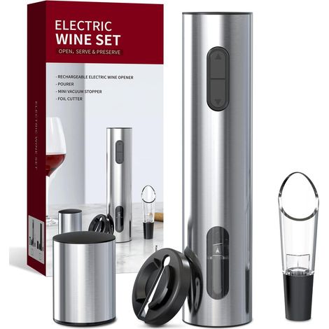 Ensemble Tire Bouchon Électrique Rechargeable Coffret Cadeau Ouvre-Bouteille de Vin avec Coupe-Capsule, Aérateur de Vin et Bouchon de Vin sous Vide, Argent (1/5)