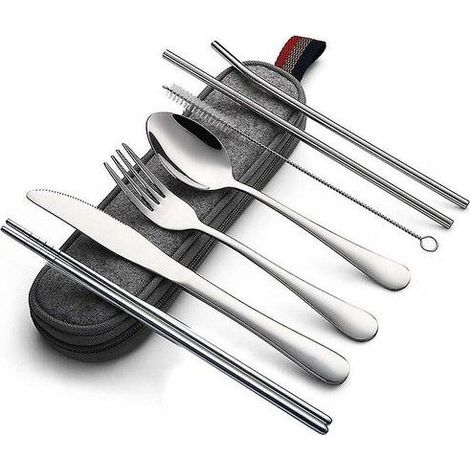 Couverts de voyage en inox - Fonepro - Ensemble 8 pièces - Acier inoxydable 304 - Fourchette, cuillère, couteau (1/5)