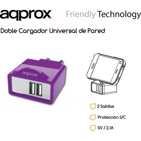 APPROX Cargador 2 USB de Viaje/Pared 1A (Purpura)