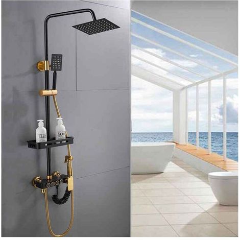 Juego de ducha termostático de latón negro con sistema de ducha dorado de 4 funciones, grifo de ducha de pared para baño. (1/4)