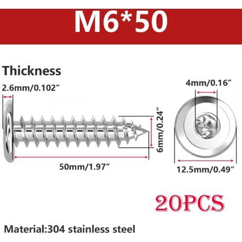 20 self-tapping flat head screws, hexagon socket wood screws, stainless steel 304, M6 x 50 mm, for plastic, wood and metal--DTEKGAZ
